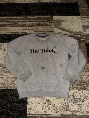 Gildan Light Gray Crewneck Sweatshirt with Black Text and Colorful Embroidery